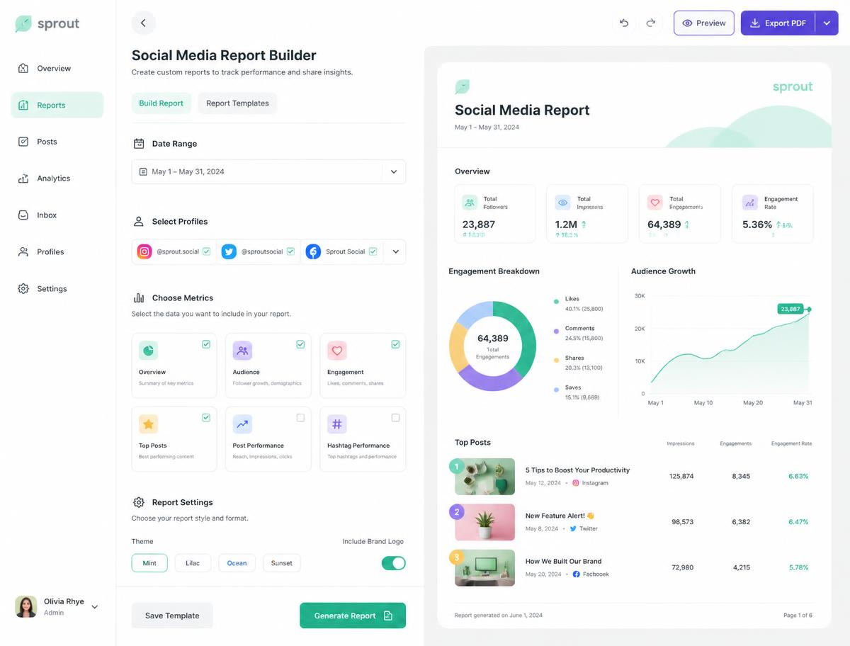 Report builder with metric selection on the left and a branded social media report preview on the right