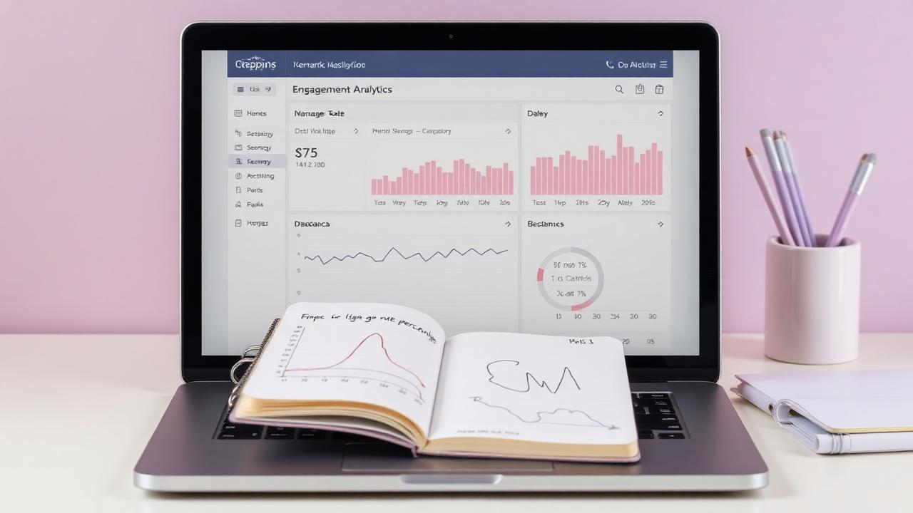 Laptop showing a social analytics dashboard with an engagement rate chart beside a notebook