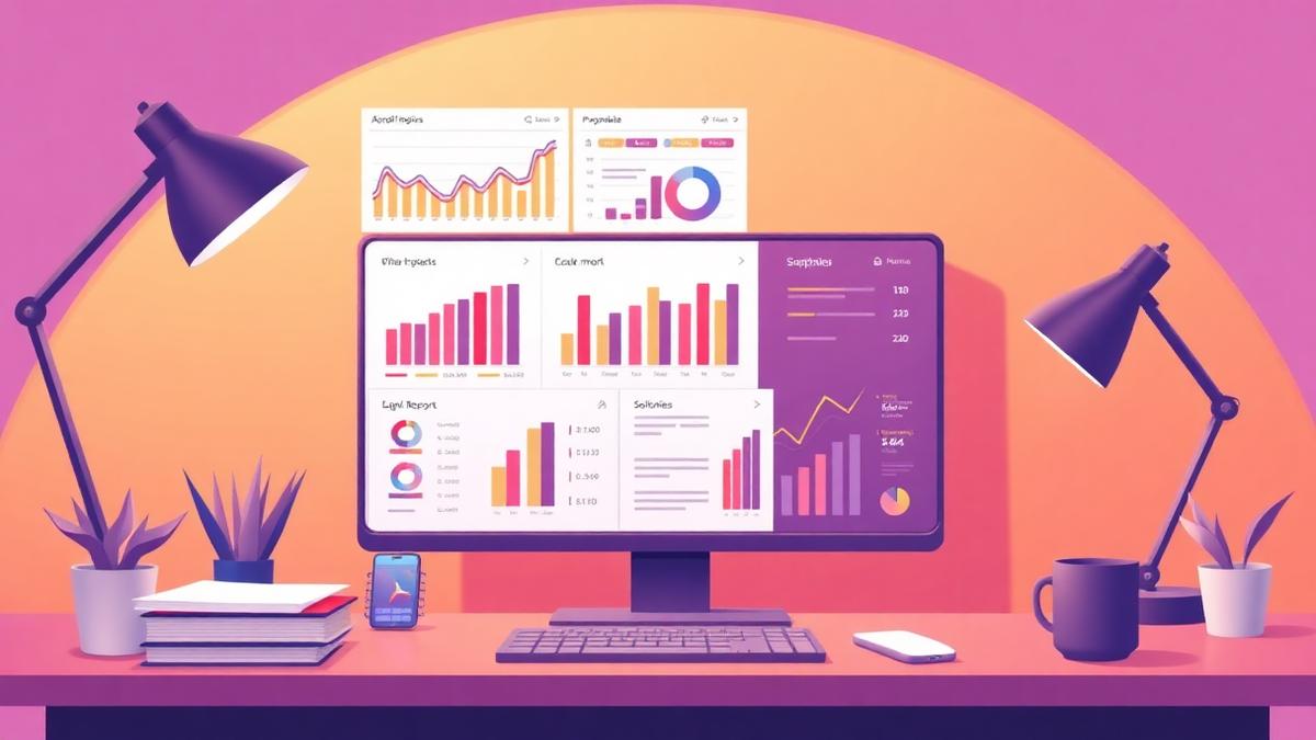 Desk with a monitor showing a social media client reporting dashboard