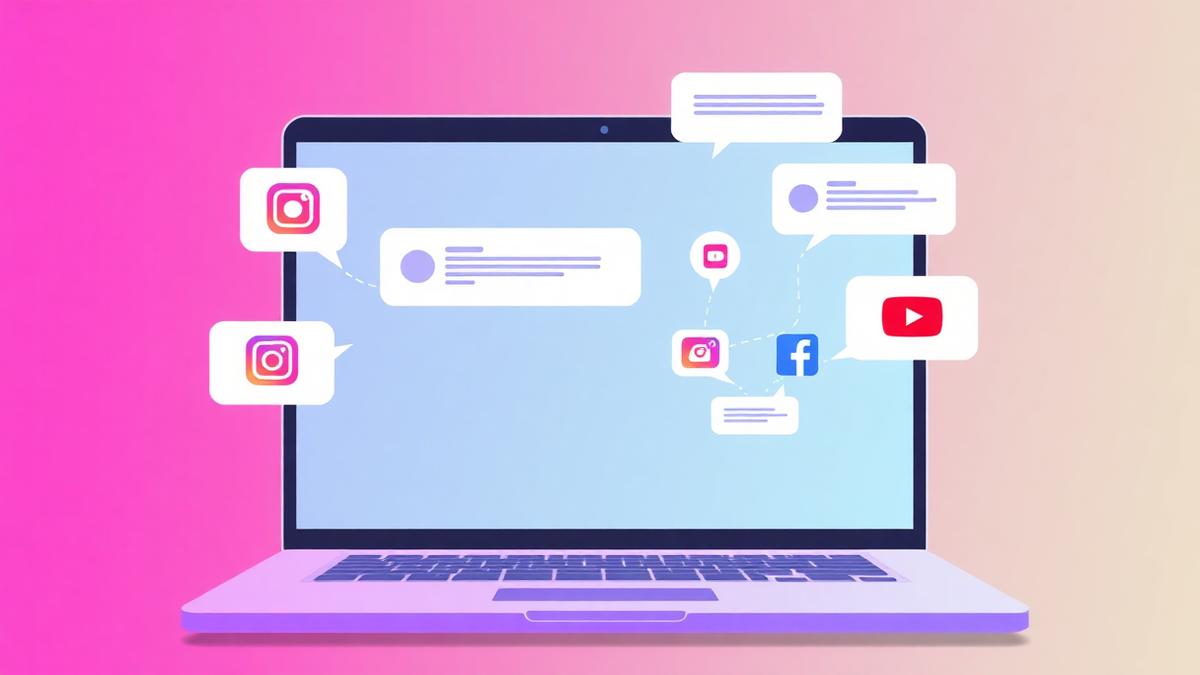 Laptop screen showing chat bubbles from Instagram, Facebook and YouTube merged into one inbox