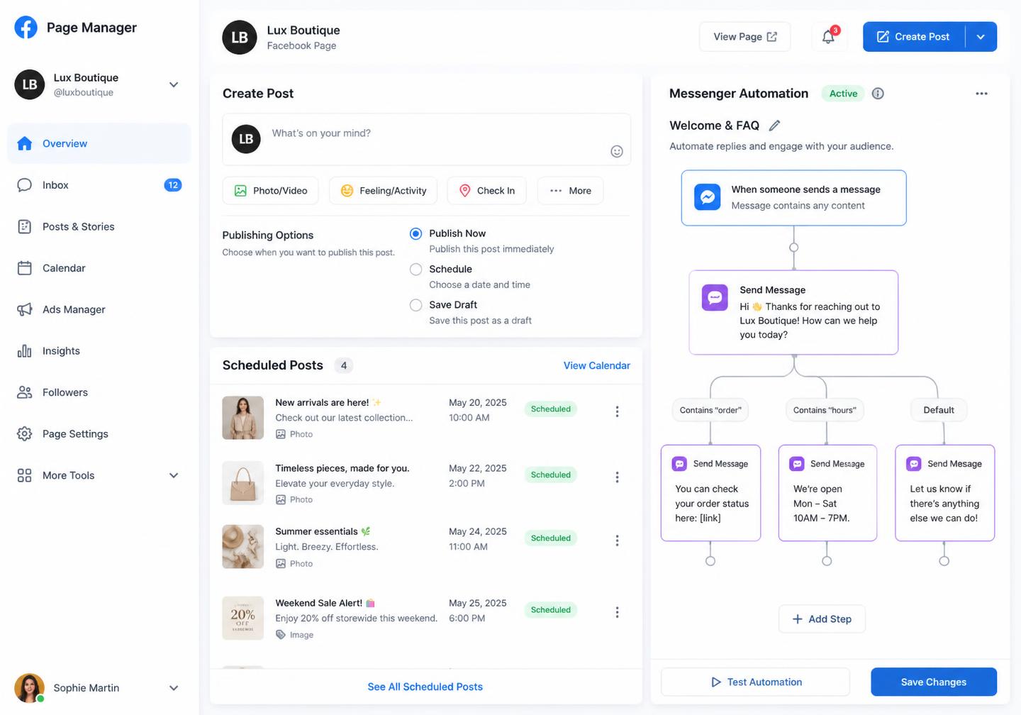 Pixalera Facebook workspace with calendar, composer and analytics