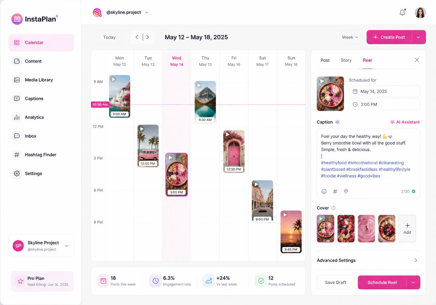 Pixalera Instagram workspace with calendar, composer and analytics