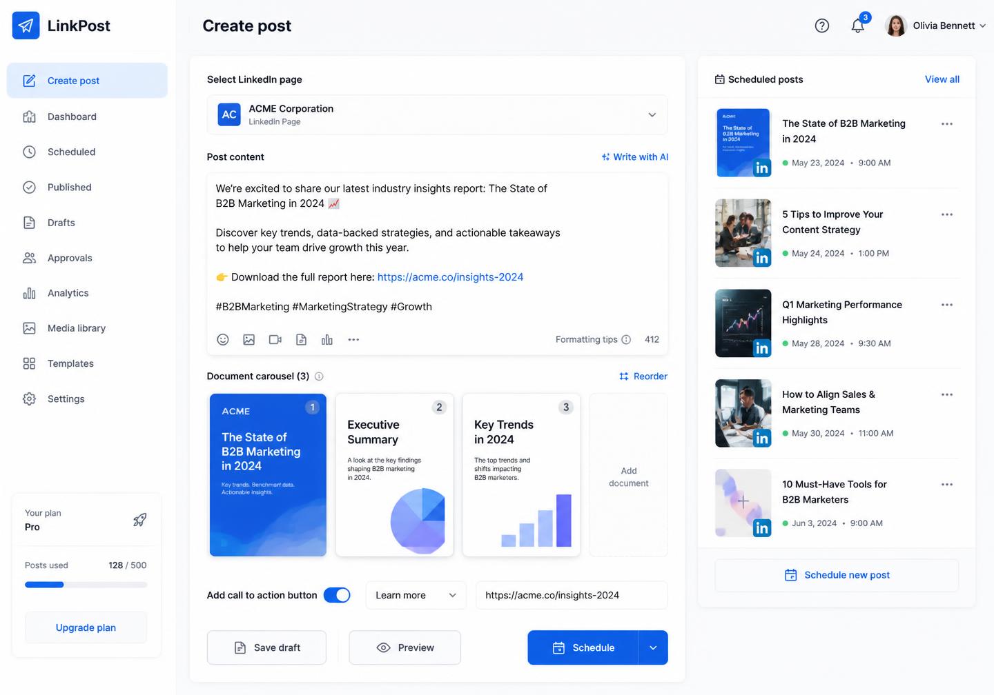 Pixalera LinkedIn workspace with calendar, composer and analytics