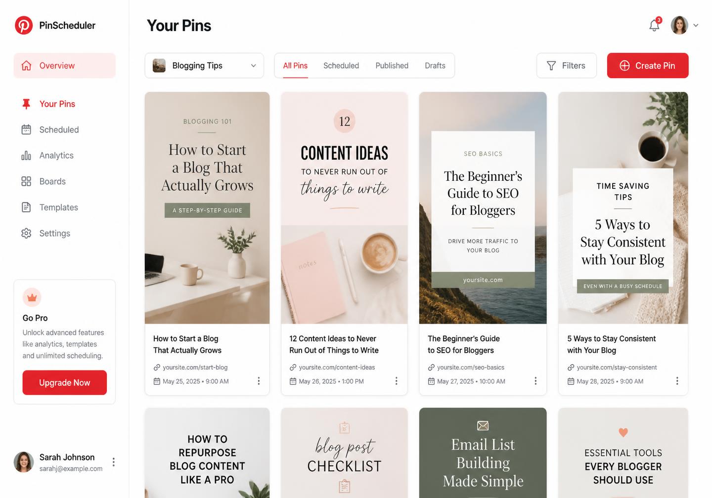 Pixalera Pinterest workspace with calendar, composer and analytics