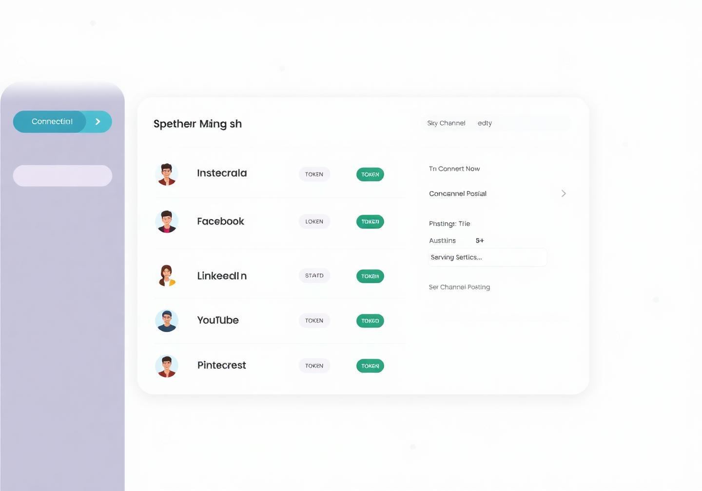 Pixalera Channels screen listing connected Instagram, Facebook, LinkedIn, YouTube and Pinterest accounts with health badges