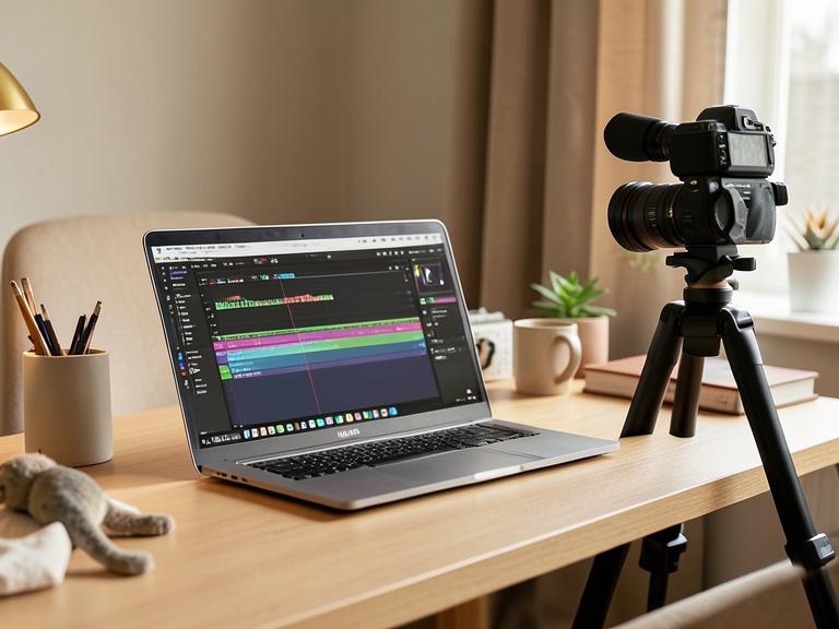 Home office desk with laptop and camera on tripod