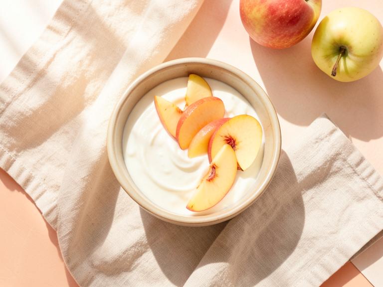 Overhead shot of a styled breakfast table with fruit and yogurt