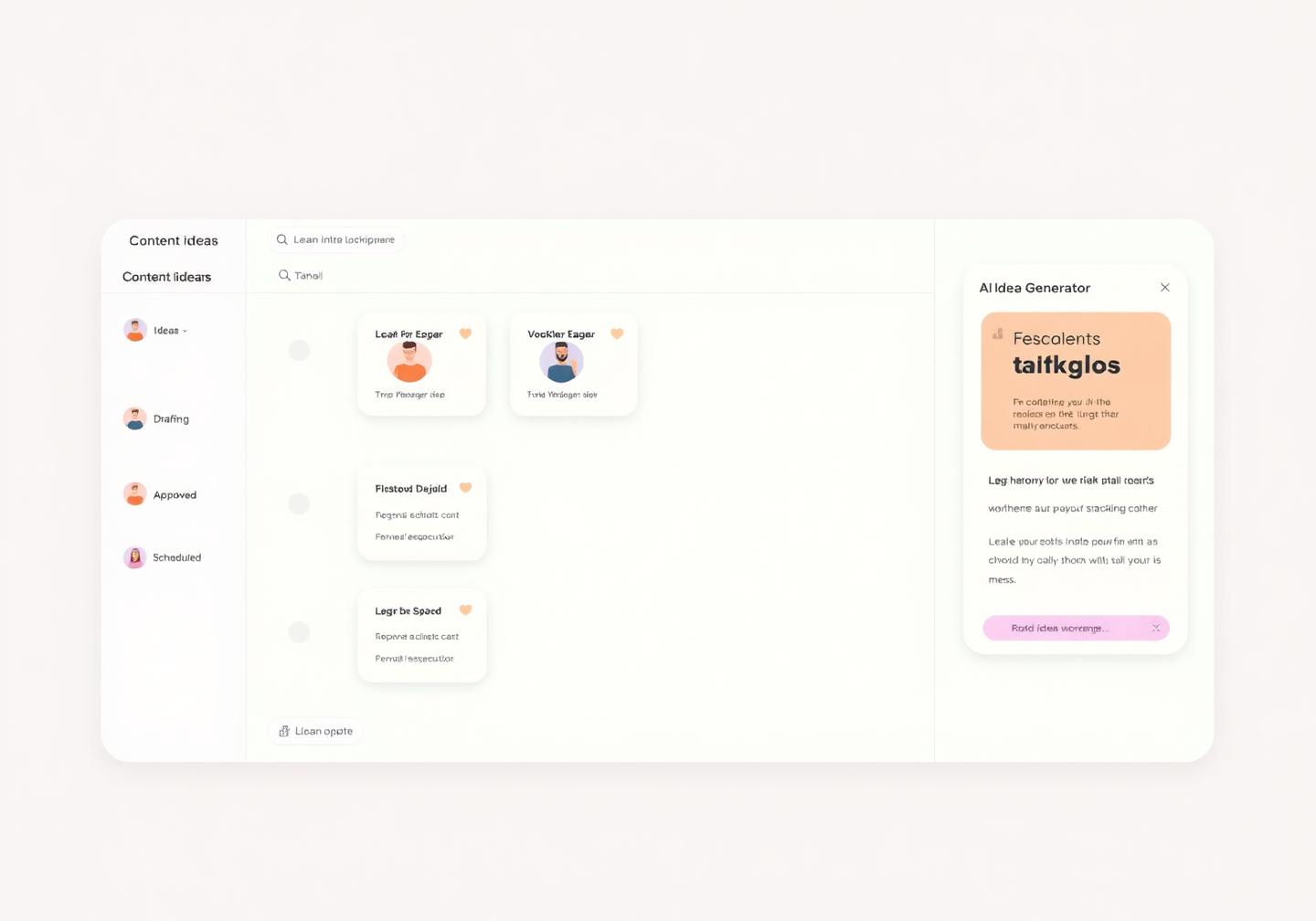 Pixalera Ideas kanban board with idea, drafting, approved and scheduled columns plus an AI idea generator