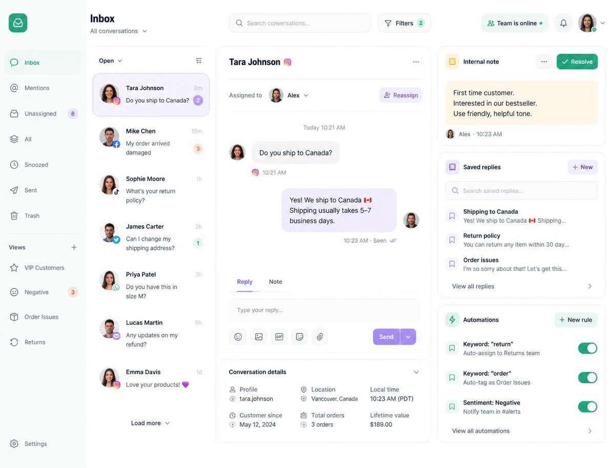Unified Inbox conversation assigned to a teammate with internal notes, saved replies and keyword automation rules