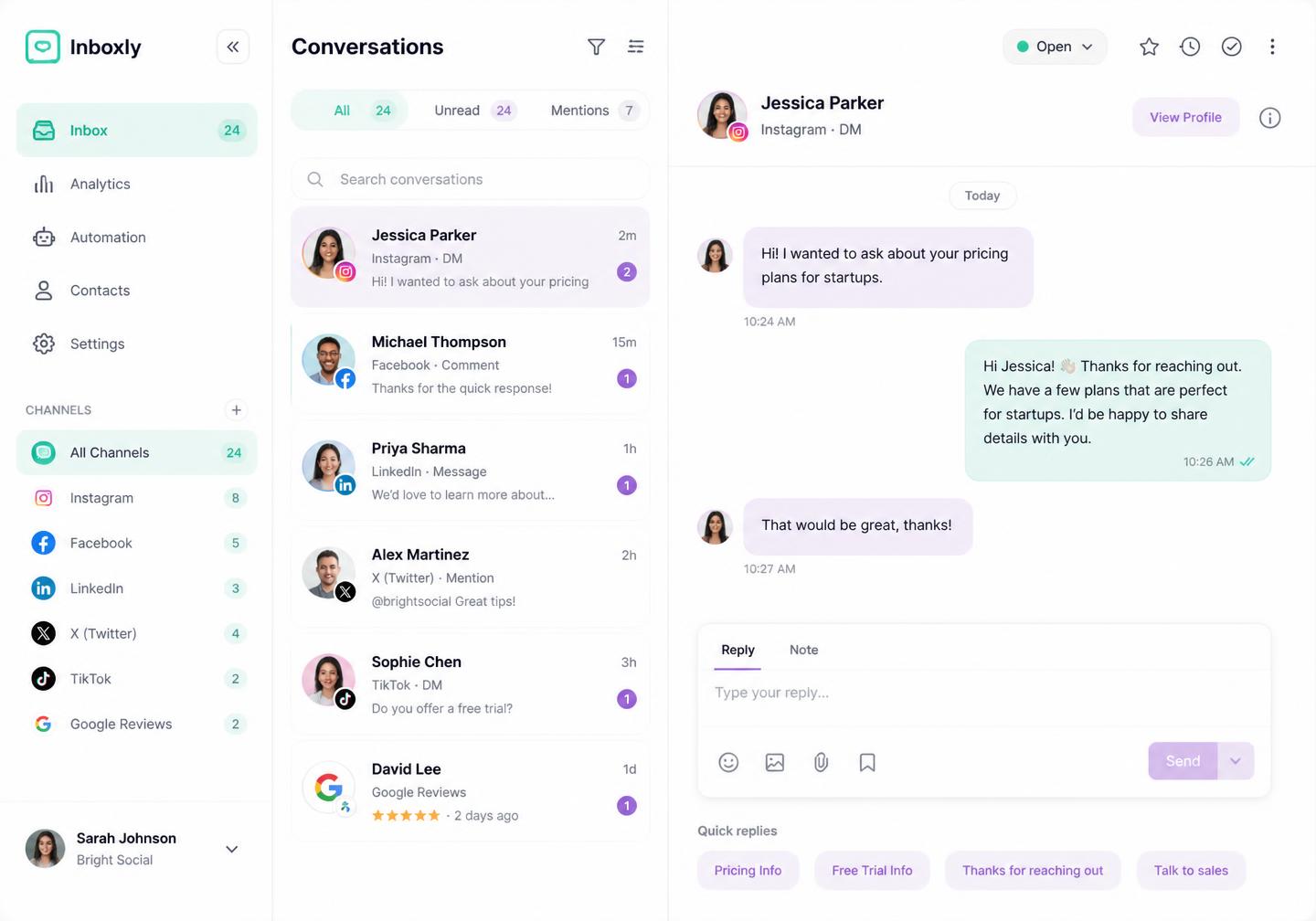 Pixalera Unified Inbox showing channel filters, a list of social conversations and an open Instagram DM thread with quick replies