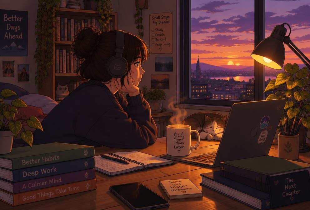Lofi Dusk Desk Scene — Pixalera photo prompt